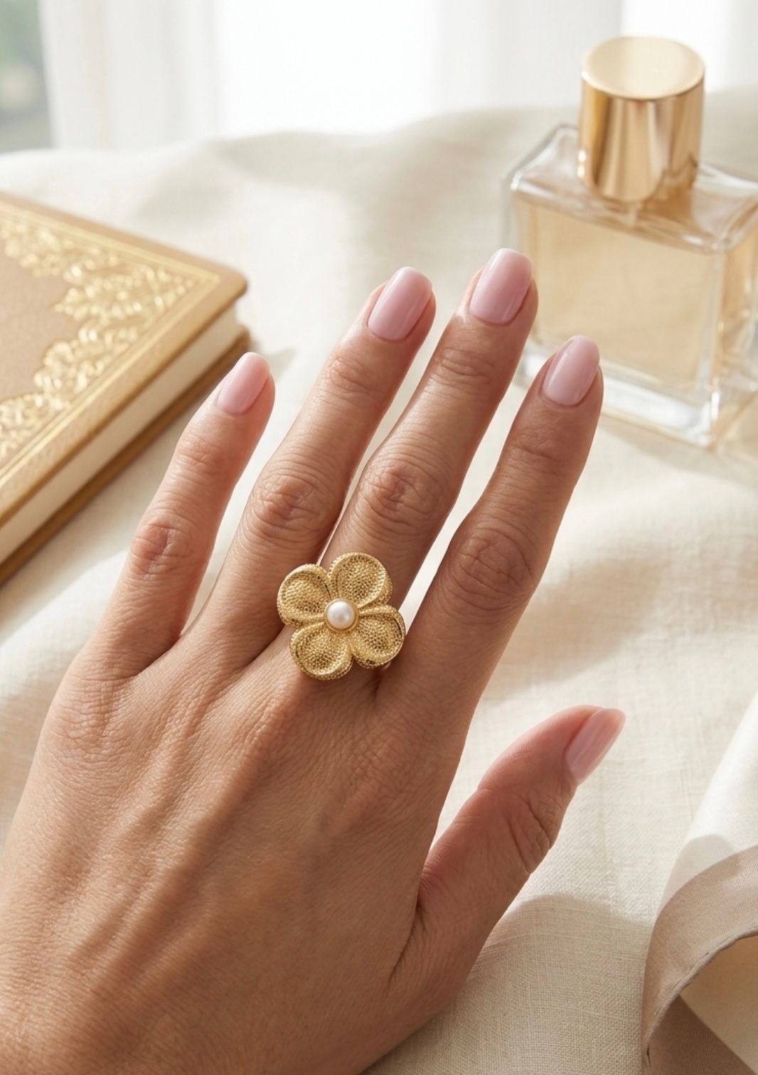 Anillo flor con perla al centro