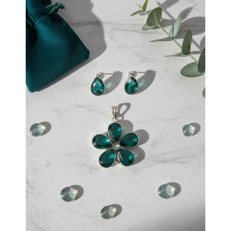 Dije Flor Plata .925 Cristal Verde Aretes Moda Dama Joyeria Verde
