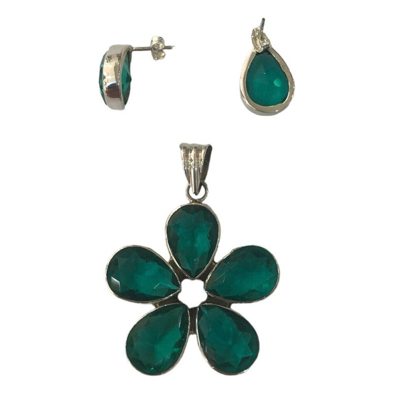 Dije Flor Plata .925 Cristal Verde Aretes Moda Dama Joyeria Verde
