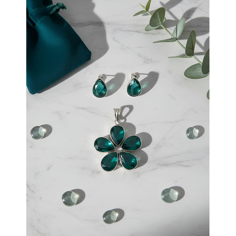 Dije Flor Plata .925 Cristal Verde Aretes Moda Dama Joyeria Verde
